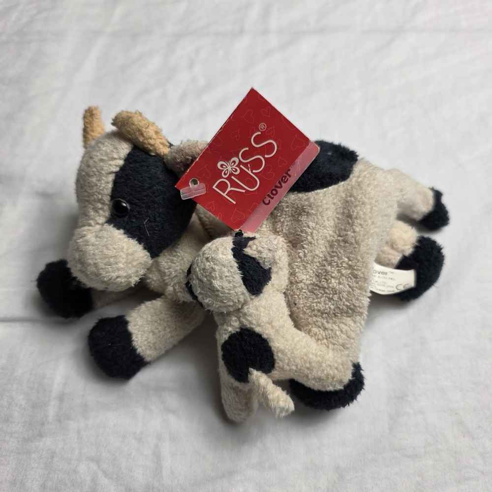 Russ Berrie Co Clover Cow Mom Baby Calf Plush Beanbag
